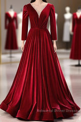 Wine Red Velvet Long Sleeves See Through Semi Formal Prom Dress, Wine Red Wedding Party Dress