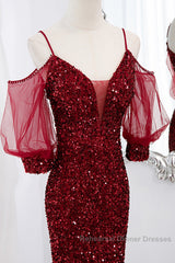 Wine Red Velvet Mermaid Long Party Dress, Wine Red Vekvet Semi Formal Prom Dress