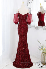 Wine Red Velvet Mermaid Long Party Dress, Wine Red Vekvet Semi Formal Prom Dress