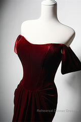 Wine Red Velvet Off Shoulder Long Mermaid Semi Formal Prom Dress, Wine Red Velvet Eveing Dress
