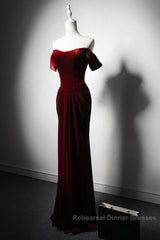 Wine Red Velvet Off Shoulder Long Mermaid Semi Formal Prom Dress, Wine Red Velvet Eveing Dress