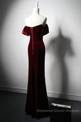 Wine Red Velvet Off Shoulder Long Mermaid Semi Formal Prom Dress, Wine Red Velvet Eveing Dress