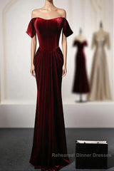 Wine Red Velvet Off Shoulder Long Mermaid Semi Formal Prom Dress, Wine Red Velvet Eveing Dress