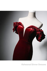Wine Red Velvet Off Shoulder Mermaid Long Semi Formal Prom Dress, Long Lace-Up Evening Dress