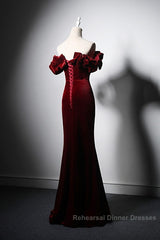 Wine Red Velvet Off Shoulder Mermaid Long Semi Formal Prom Dress, Long Lace-Up Evening Dress