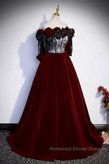 Wine Red Velvet Off Shoulder Party Dress With Bow, Wine Red Velvet Long Semi Formal Prom Dress