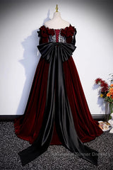 Wine Red Velvet Off Shoulder Party Dress With Bow, Wine Red Velvet Long Semi Formal Prom Dress