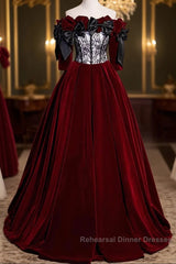 Wine Red Velvet Off Shoulder Party Dress With Bow, Wine Red Velvet Long Semi Formal Prom Dress