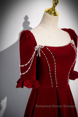 Wine Red Velvet Short Sleeves Long Semi Formal Prom Dress, Wine Red A-Line Evening Dress