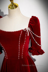 Wine Red Velvet Short Sleeves Long Semi Formal Prom Dress, Wine Red A-Line Evening Dress