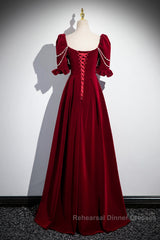 Wine Red Velvet Short Sleeves Long Semi Formal Prom Dress, Wine Red A-Line Evening Dress