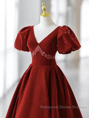Wine Red Velvet V-Neckline Beaded Short Sleeves Party Dress, Wine Red Long Semi Formal Prom Dress