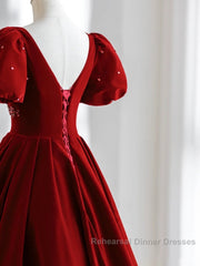 Wine Red Velvet V-Neckline Beaded Short Sleeves Party Dress, Wine Red Long Semi Formal Prom Dress