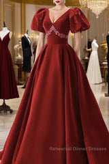 Wine Red Velvet V-Neckline Beaded Short Sleeves Party Dress, Wine Red Long Semi Formal Prom Dress