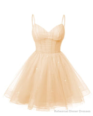 Womens V Neck Tulle Spaghetti Straps Champagne Homecoming Dresses with Corset Back Short Prom Gowns for Teens