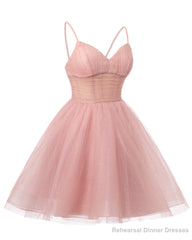 Womens V Neck Tulle Spaghetti Straps Sky Blue Homecoming Dresses with Corset Back Short Prom Gowns for Teens