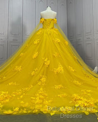 Yellow 3D Flowers Ball Gown Dress With Cape