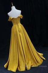 Yellow A-Line Simple Satin Off Shoulder Semi Formal Prom Dress, Yellow Satin Formal Dress