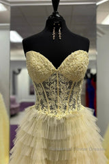 Yellow A-Line Strapless Multi-Layers Sweetheart Tulle Beaded Long Semi Formal Prom Dress With Slit