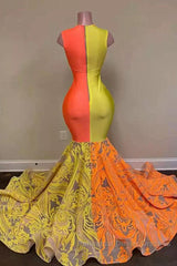 Yellow and Orange Mermaid Semi Formal Prom Dresses Lace Long On Sale