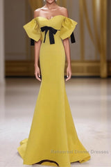 Yellow Mermaid Sweetheart Semi Formal Prom Dress, Off Shoulder Yellow Evening Dress