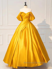 Yellow Off Shoulder Satin Long Semi Formal Prom Dress Quinceanera Dress