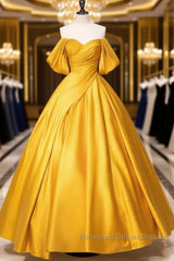 Yellow Off Shoulder Satin Long Semi Formal Prom Dress Quinceanera Dress