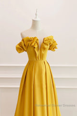 Yellow Satin A-Line Sweetheart Off Shoulder Party Dress, Yellow Long Semi Formal Prom Dress