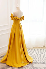 Yellow Satin A-Line Sweetheart Off Shoulder Party Dress, Yellow Long Semi Formal Prom Dress