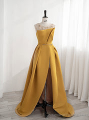 Yellow Satin Backless Beading Prom Dress