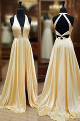 Yellow Satin Halter Backless A Line Semi Formal Prom Dress With Slit