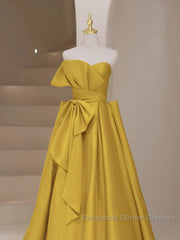 Yellow Satin Long Semi Formal Prom Dress, Yellow Evening Dress