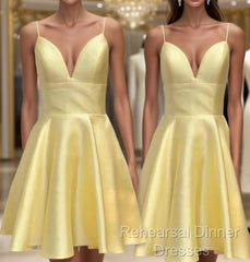 Yellow Satin Short Graduation Semi Formal Prom Dress ,Spaghetti Straps Homecoming Dress