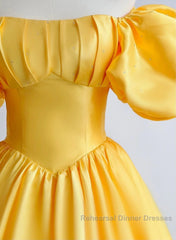 Yellow Satin Short Sleeves Party Dress, Yellow Satin Semi Formal Prom Dress Formal Dress