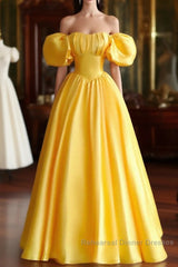 Yellow Satin Short Sleeves Party Dress, Yellow Satin Semi Formal Prom Dress Formal Dress