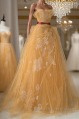 Yellow tulle lace long Semi Formal Prom Dresses, yellow tulle formal Dresses