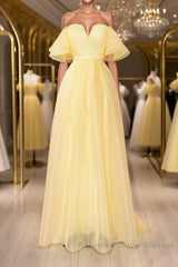 Yellow tulle off shoulder long Semi Formal Prom Dresses yellow formal Dresses
