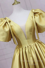 Yellow V-Neck Satin Long Semi Formal Prom Dress, A-Line Puff Sleeves Evening Party Dress