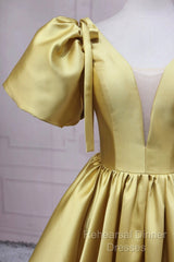 Yellow V-Neck Satin Long Semi Formal Prom Dress, A-Line Puff Sleeves Evening Party Dress