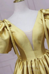 Yellow V-Neck Satin Long Semi Formal Prom Dress, A-Line Puff Sleeves Evening Party Dress