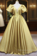 Yellow V-Neck Satin Long Semi Formal Prom Dress, A-Line Puff Sleeves Evening Party Dress