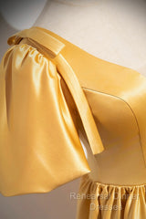 Yellow V-Neck Satin Long Semi Formal Prom Dress, Yellow A-Line Short Sleeve Evening Dress