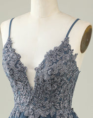 Plu Size Wedding Dress, Grey Blue Corset Back Tulle Homecoming Dress With Appliques