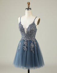 Bridesmaids Dresses Lavender, Grey Blue Corset Back Tulle Homecoming Dress With Appliques