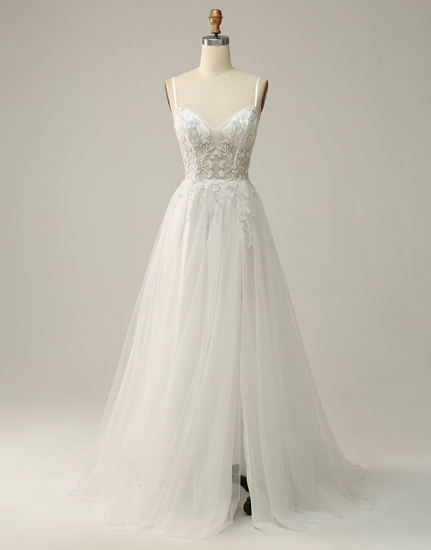 Prom Dress Long Blue, White A-Line Spaghetti Straps Long Prom Dress With Beading