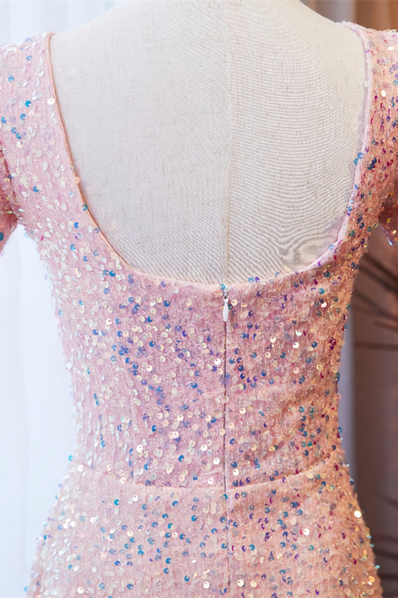 Formal Dress Shop, A-line Square Neck Sleeves Sequins Long Formal Dress