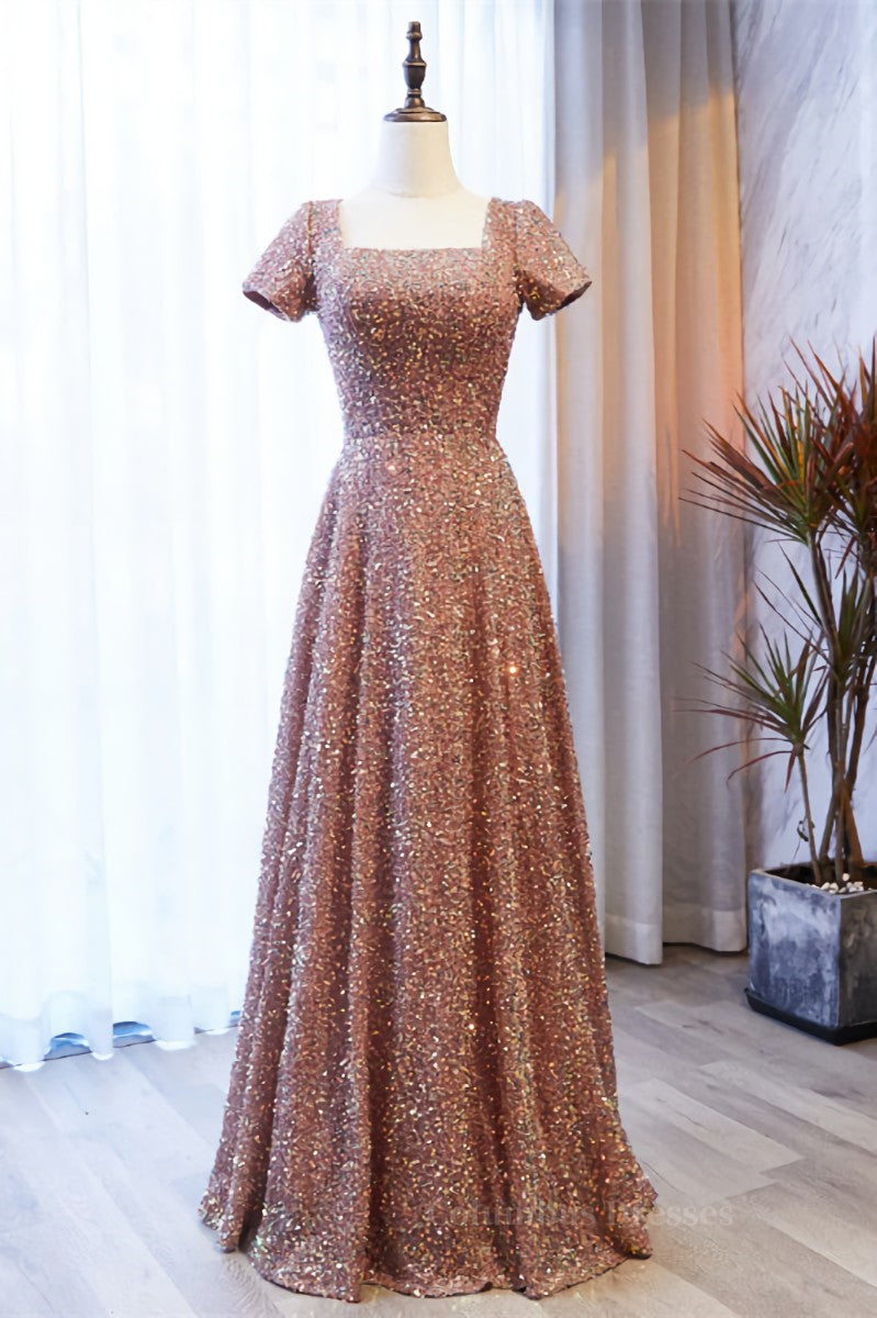Formal Dress Shops, A-line Square Neck Sleeves Sequins Long Formal Dress