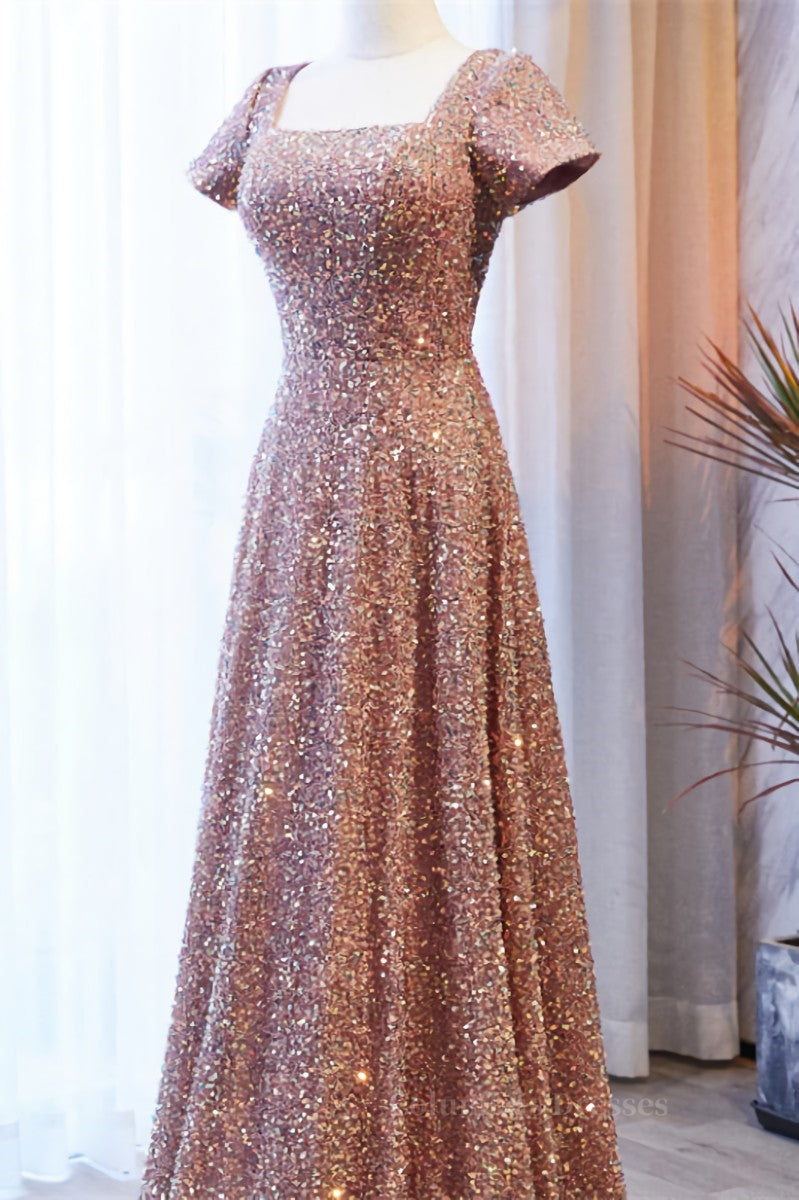 Formal Dresses Shop, A-line Square Neck Sleeves Sequins Long Formal Dress