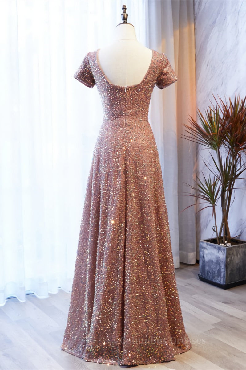 Formal Dress Shopping, A-line Square Neck Sleeves Sequins Long Formal Dress
