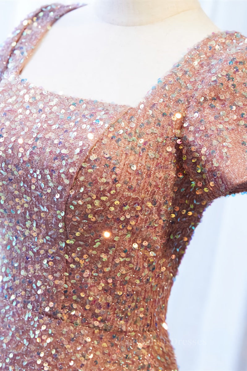 Formal Dresses For Sale, A-line Square Neck Sleeves Sequins Long Formal Dress